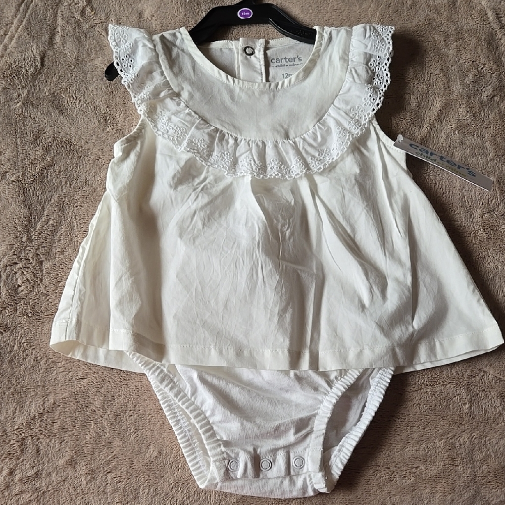 Carter's 12Mo White Baby Romper with Lace Trim
